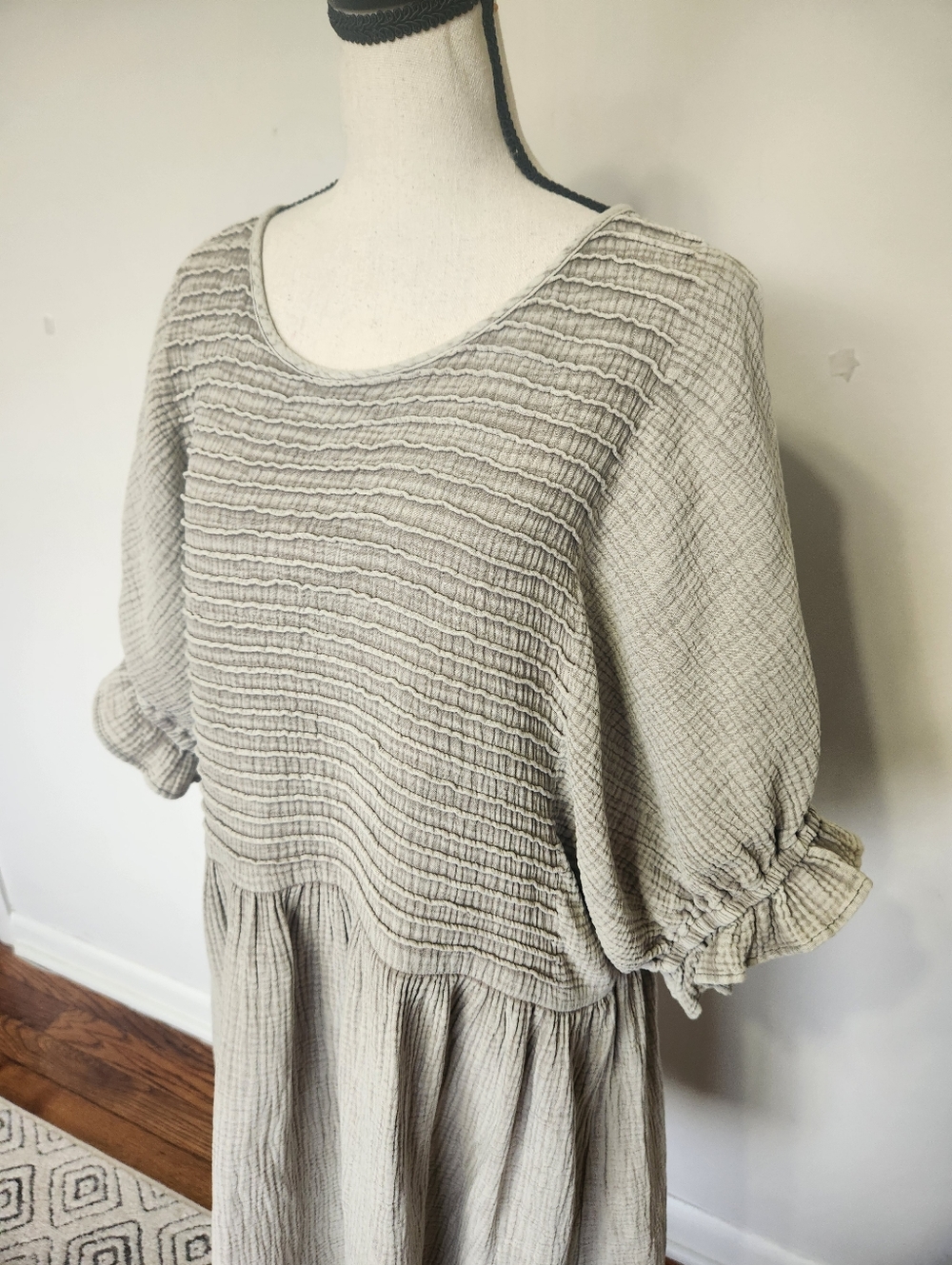 Three Bird Nest Mini Dress Quinn Puff Sleeve Oatmeal Boho Peasant Oversized S - Picture 8 of 16